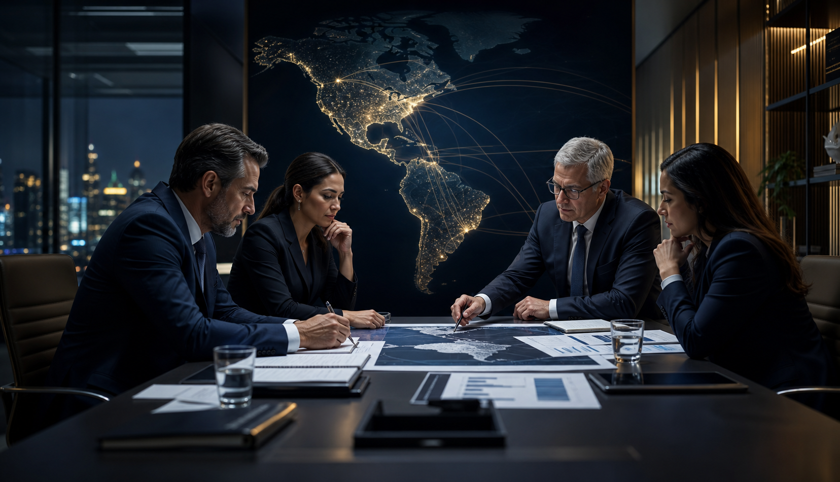 Equipo corporativo de Andean Bridge Group planificando oportunidades entre Estados Unidos y Latinoamérica